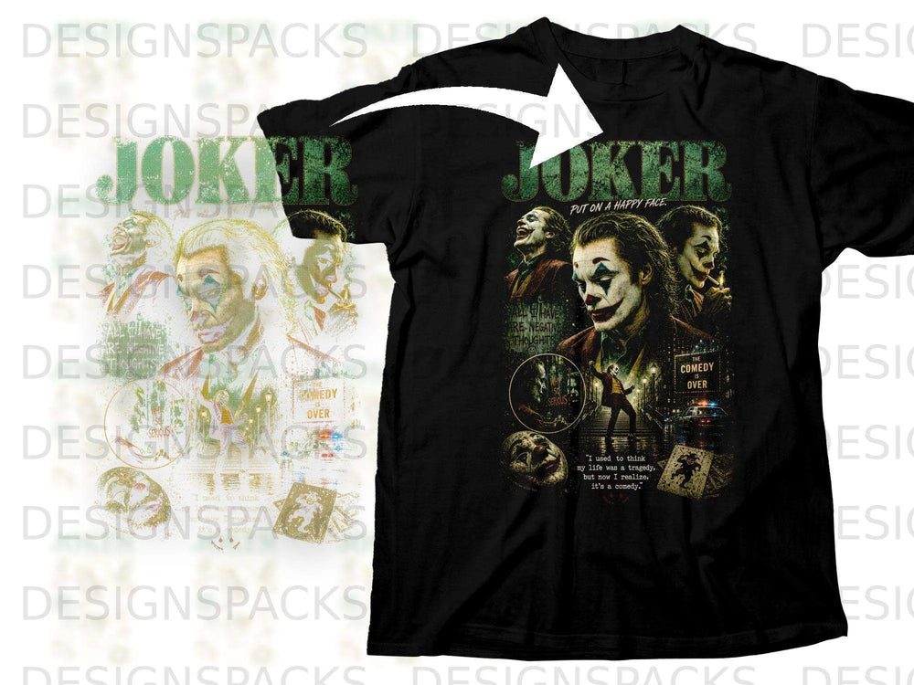 Black t-shirt featuring the Joker with various quotes and images, including "Joker" text.