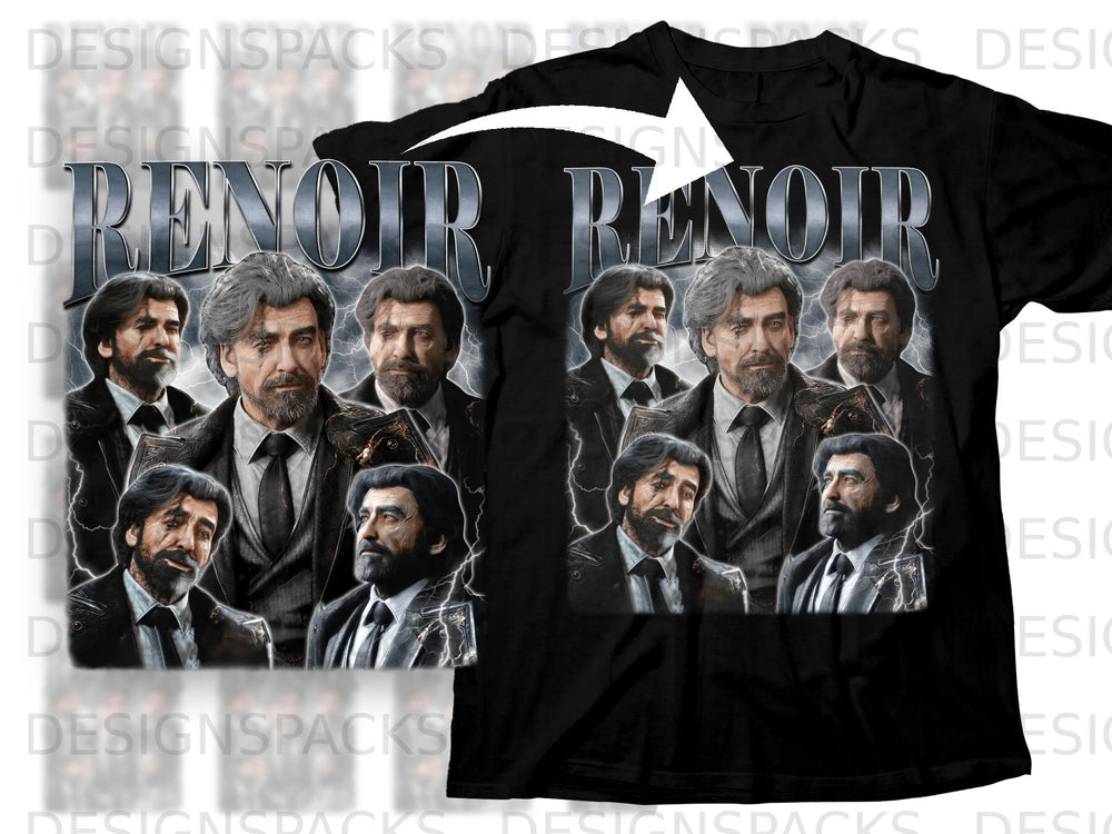 Black t-shirt with "RENOIR" text above a collage of men in suits.