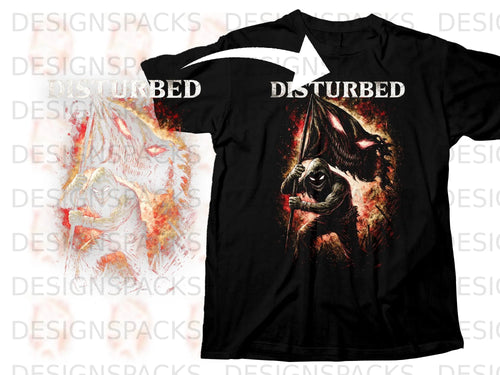 Black t-shirt with Disturbed band logo and artwork of a hooded figure holding a tattered flag.