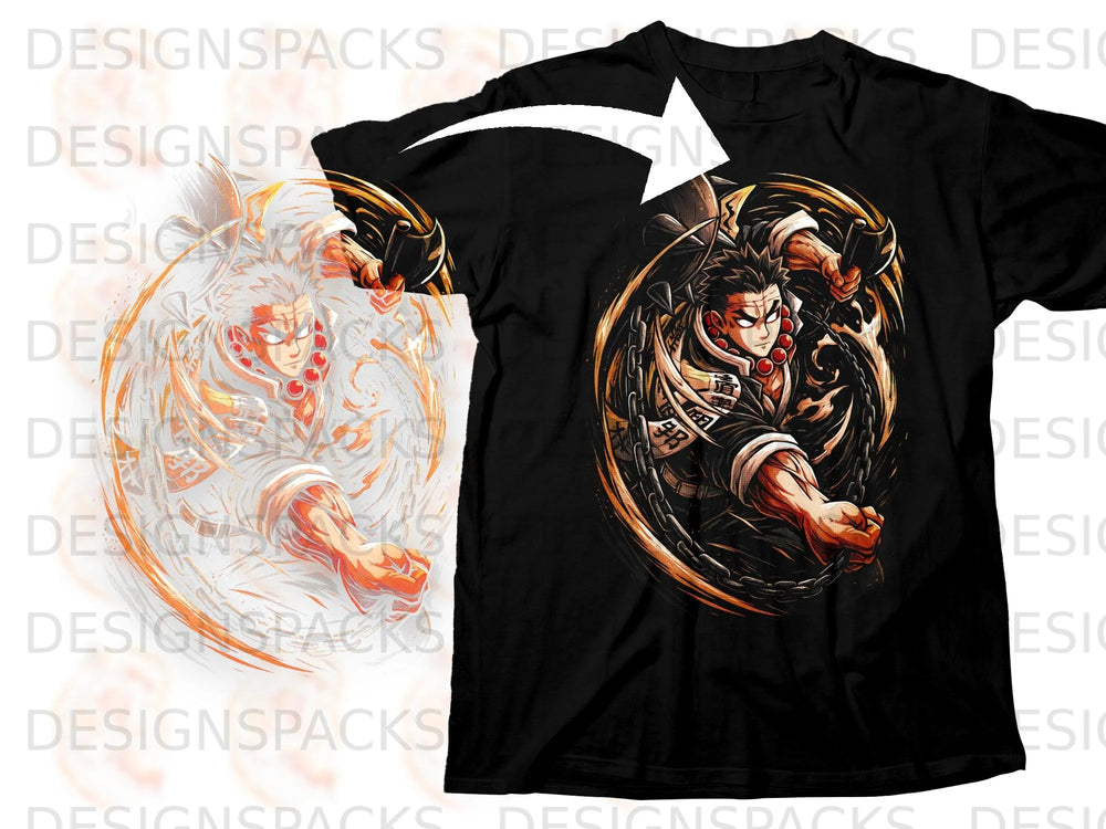 Black t-shirt with anime-style illustration of a determined warrior with chains.