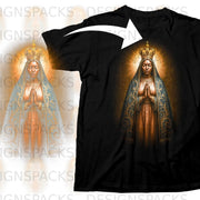 Black t-shirt featuring a crowned figure of the Virgin Mary with praying hands and ornate robes.