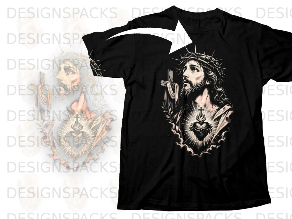 Black t-shirt with Sacred Heart of Jesus and crown of thorns graphic.