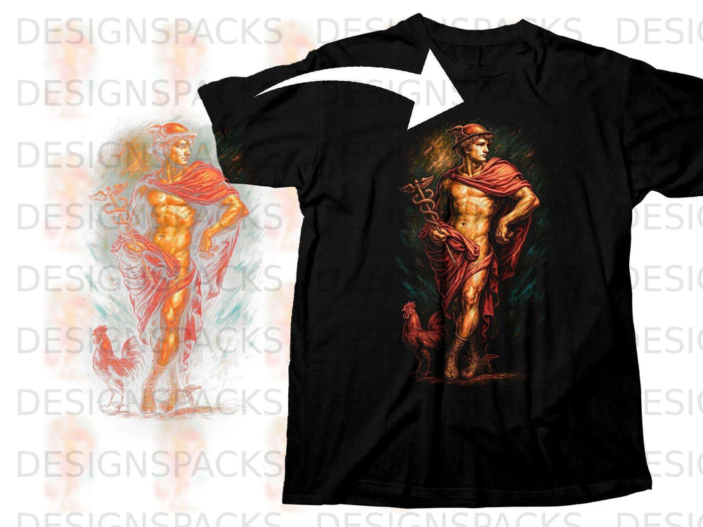 Black t-shirt featuring Roman god Mercury with a rooster and caduceus.