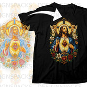 Black t-shirt featuring Sacred Heart of Jesus stained glass design with angels and flowers.