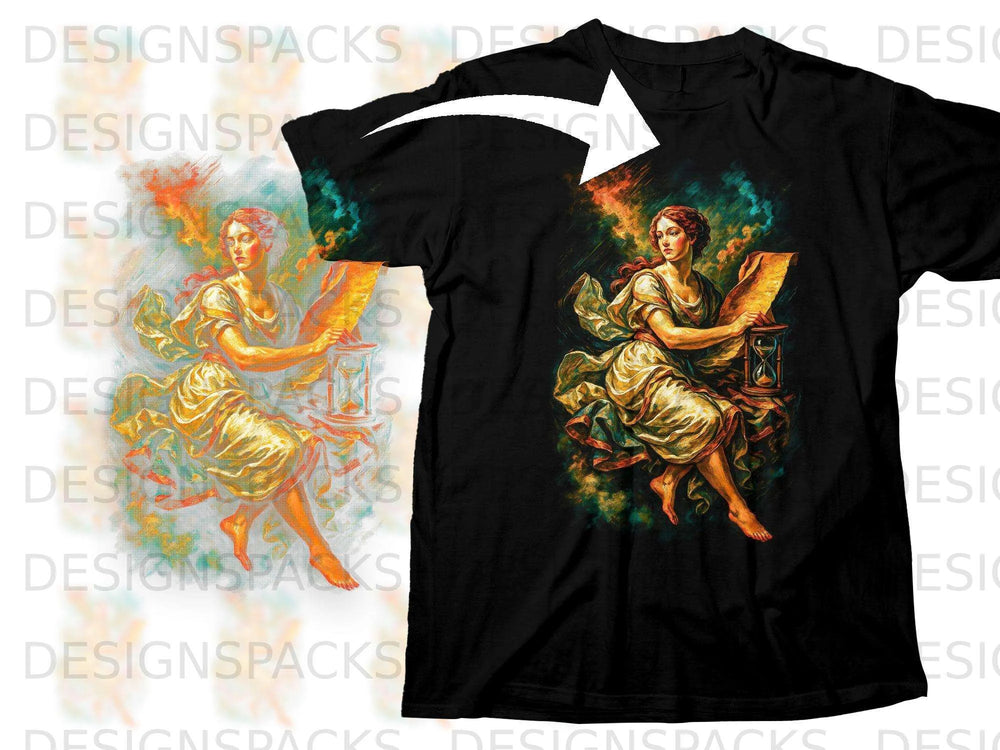 Black t-shirt with art of a woman reading a scroll next to an hourglass.