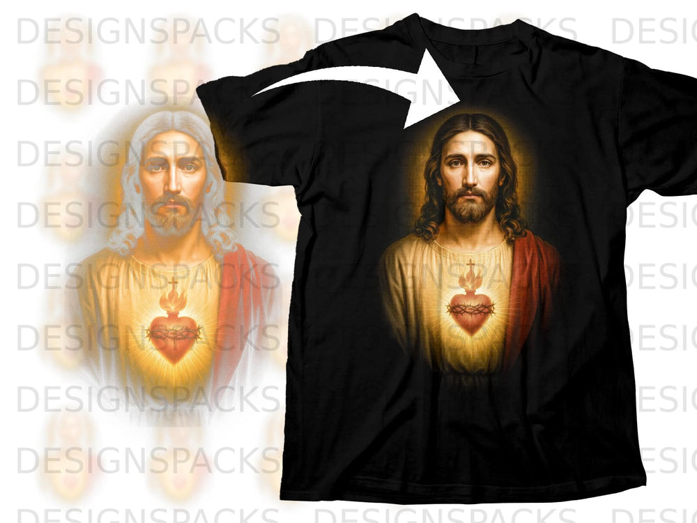 Black t-shirt with illustration of Jesus' Sacred Heart.