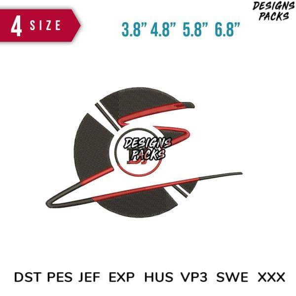 Embroidery design with 4 sizes, DST PES JEF formats, red and black circular logo for custom apparel