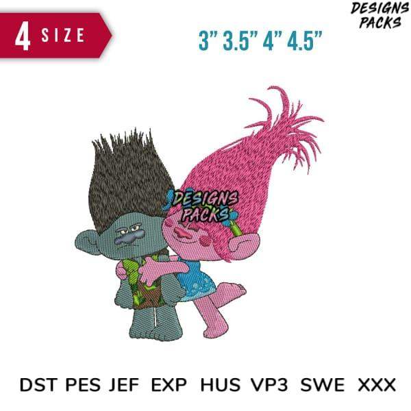 Embroidery design of two Trolls hugging, available in 4 sizes and multiple formats like PES, DST, EXP for instant download.