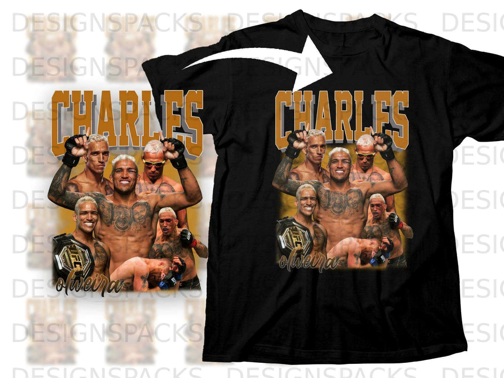 Charles Oliveira UFC champion on black t-shirt.