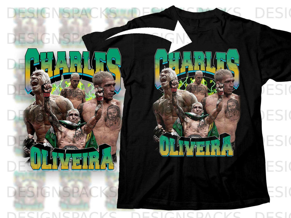 Charles Oliveira graphic t-shirt with fighter illustration and text.