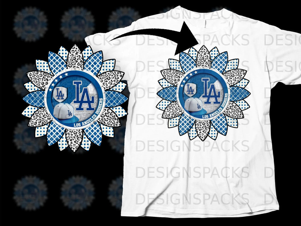 Los Angeles Dodgers sunflower design with baseball cap on white t-shirt.