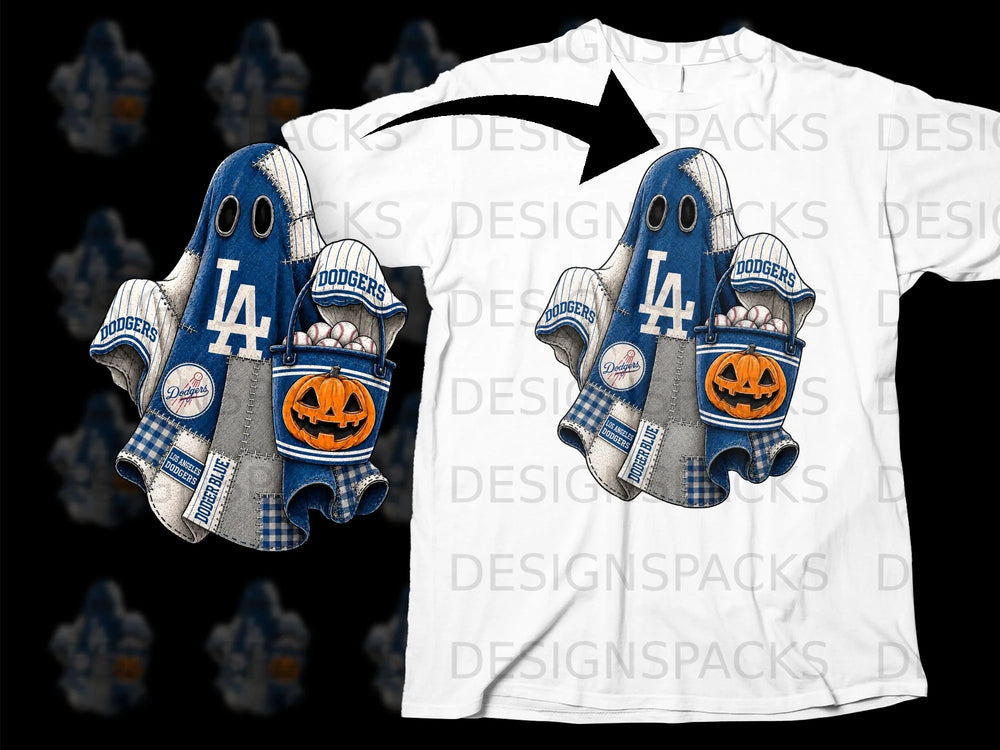 Los Angeles Dodgers ghost design with pumpkin and baseballs on white shirt.