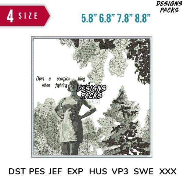 Embroidery design featuring woman with quote, leafy background, 4 sizes, DST PES formats
