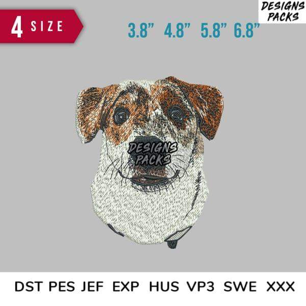 Embroidery design of a dog face in 4 sizes, compatible with DST PES JEF formats for machine embroidery projects.