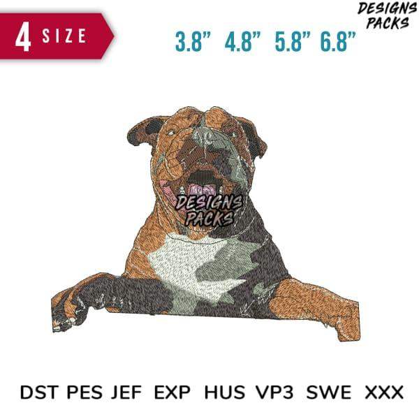 Embroidery design of a bulldog in 4 sizes, available in DST PES JEF formats for instant download.