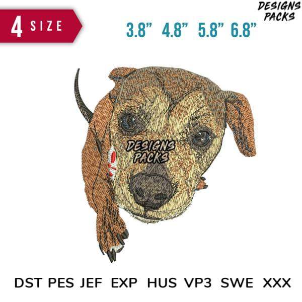 Embroidery design of a dog face in 4 sizes, compatible with DST PES JEF formats for instant download.