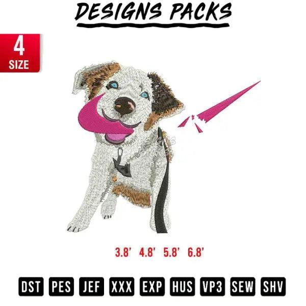 Dog and Broken Swoosh Embroidery Design 3.8"  4.8"  5.8"  6.8"