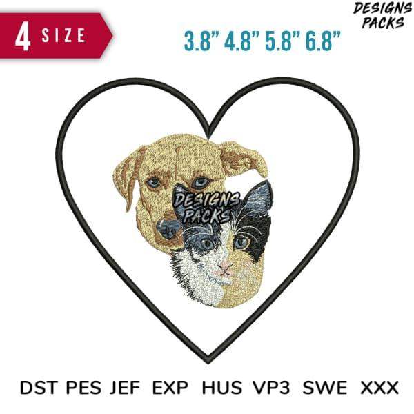 Embroidery design of dog and cat faces in heart, available in multiple sizes and formats