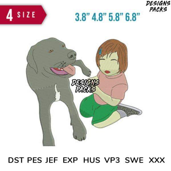 Girl hugging gray dog embroidery design in 4 sizes, DST PES JEF formats for instant download