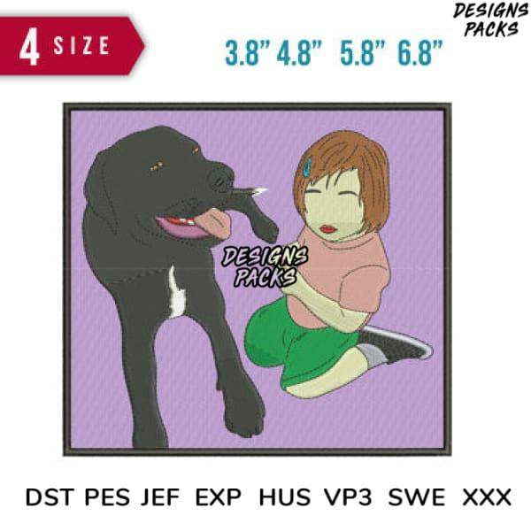 Embroidery design of girl hugging black dog, available in multiple sizes and formats for instant download.