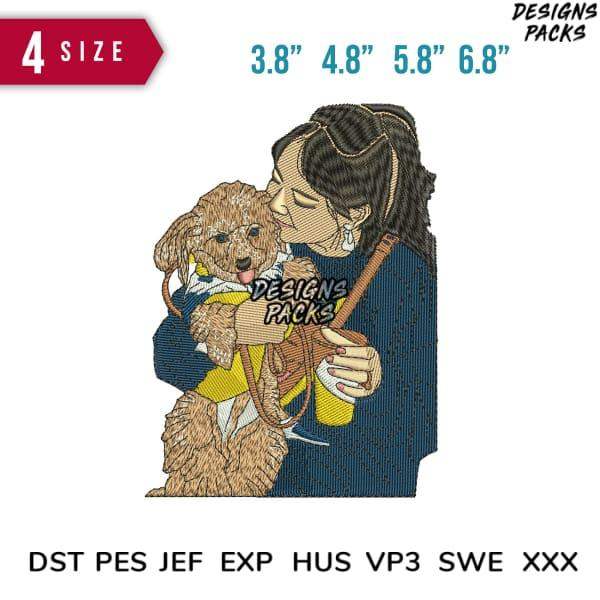 Embroidery design of woman hugging dog, available in multiple sizes and formats
