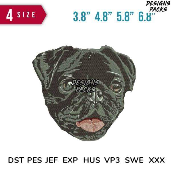 Pug face embroidery design in 4 sizes, compatible with DST PES JEF formats for instant download