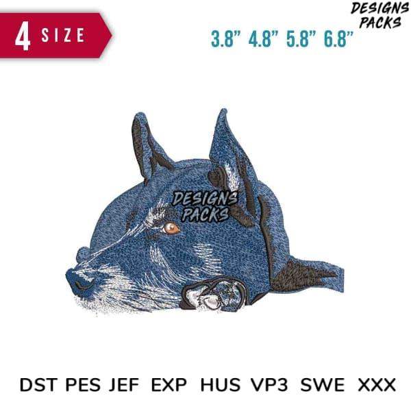 Embroidery design of a blue dog head in 4 sizes, compatible with DST PES JEF formats for instant download.