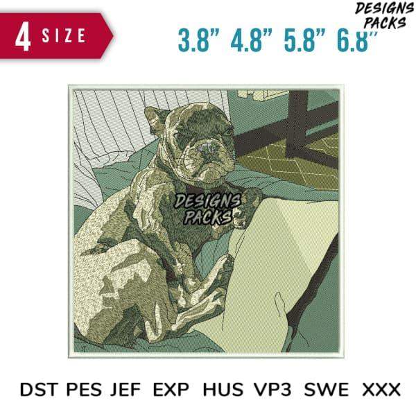 Cute French Bulldog embroidery design in 4 sizes, print-ready formats for DTG, DTF, and tumbler wraps.