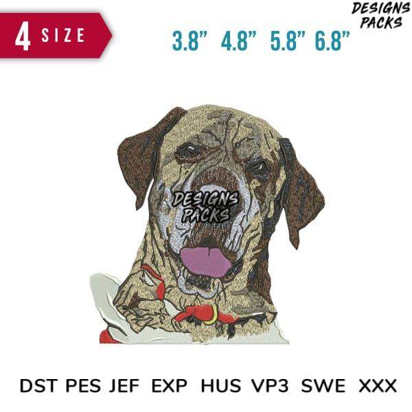 Embroidery design of a smiling dog face in 4 sizes, compatible with DST PES JEF formats for instant download.