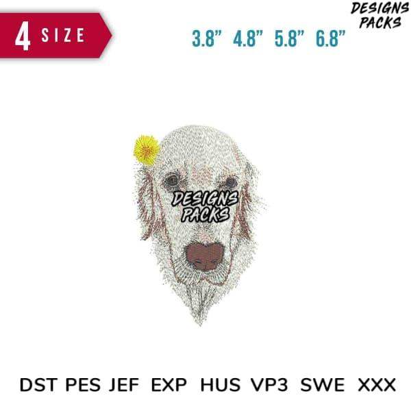 Embroidery design of a dog with a dandelion, available in multiple sizes and formats like DST, PES, JEF.