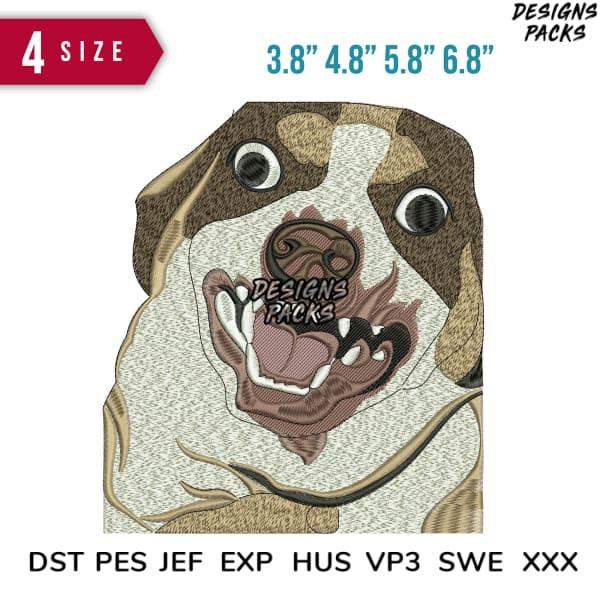 Embroidery design of a smiling dog face in 4 sizes, compatible with DST PES JEF formats for instant download.