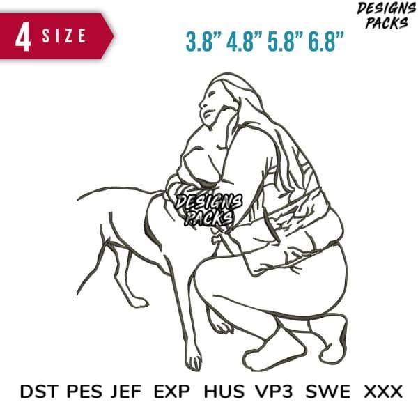 Print-ready embroidery design of woman with dog, available in DST PES JEF formats, 4 sizes