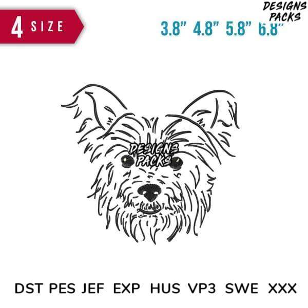 Yorkie dog embroidery design in 4 sizes, DST PES JEF formats for machine stitching