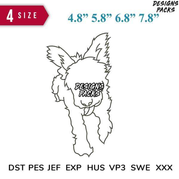Cute dog embroidery design in 4 sizes, available in DST, PES, JEF, EXP, HUS, VP3, SWE, XXX formats for instant download.