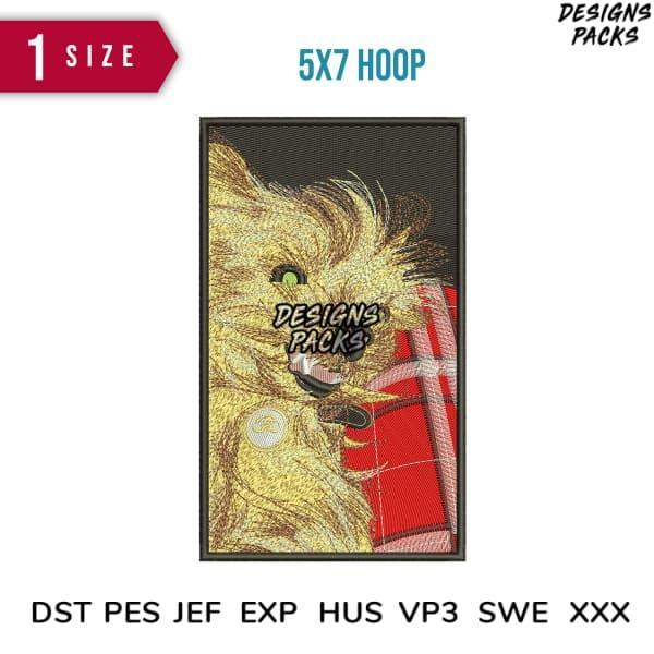 Embroidery design of fluffy dog with red plaid, 5x7 hoop size, PES DST JEF formats