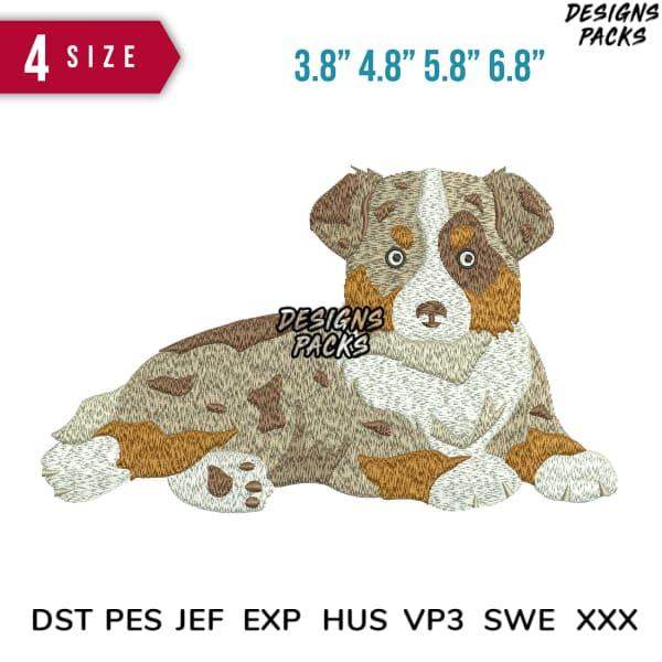 Embroidery design of a cute Australian Shepherd puppy in multiple sizes, compatible with DST PES JEF formats.