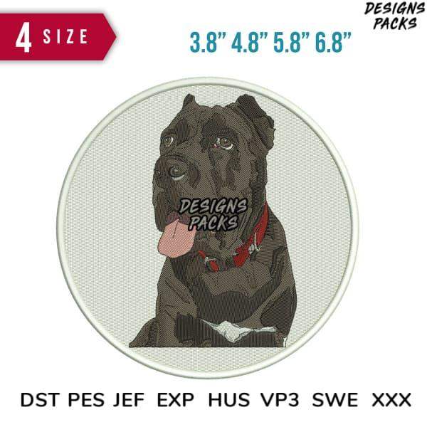 Embroidery design of a black dog with red collar, available in 4 sizes and multiple formats for instant download.