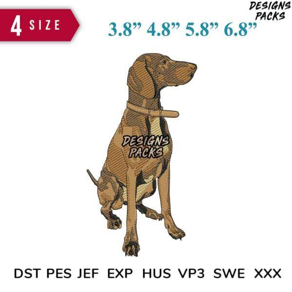 Embroidery design of a sitting dog in 4 sizes, compatible with DST PES JEF formats for machine embroidery.