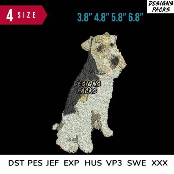 Embroidery design of a terrier dog in 4 sizes, compatible with DST PES JEF formats for instant download.