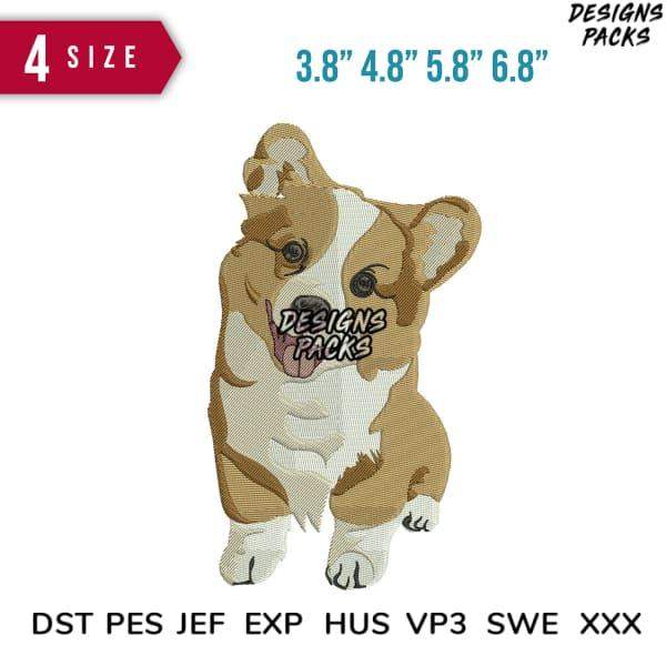 Cute corgi embroidery design in 4 sizes, compatible with DST PES JEF EXP HUS VP3 SWE XXX formats for instant download.