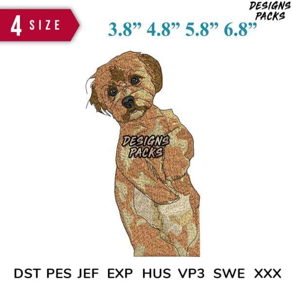 Cute embroidered puppy design in 4 sizes, compatible with DST PES JEF formats for embroidery machines