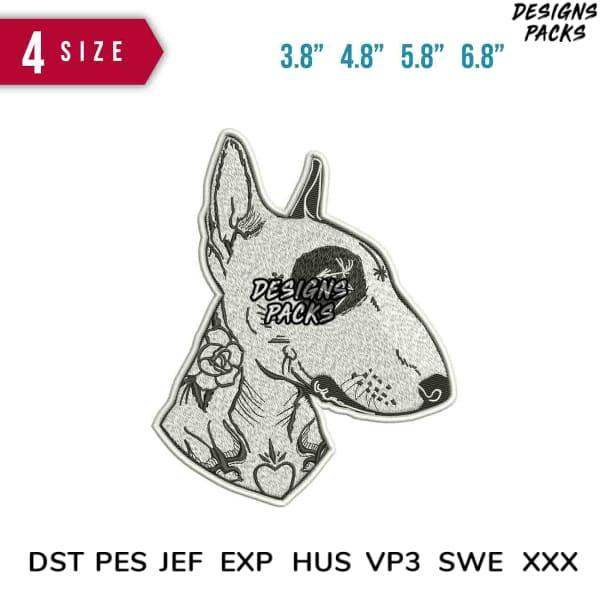 Dog head embroidery design with rose tattoo, available in multiple sizes and formats