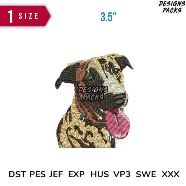 Embroidery design of a happy dog with tongue out, 3.5 inches, PES DST JEF formats