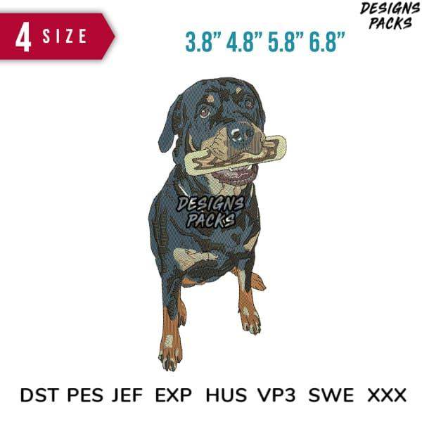Rottweiler dog embroidery design with bone, available in multiple sizes and formats