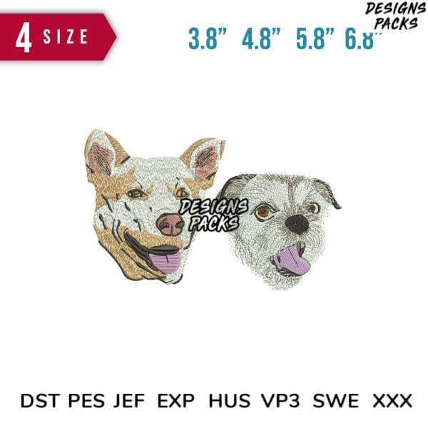Embroidery designs of two playful dog faces in multiple sizes, available in DST, PES, and other formats.