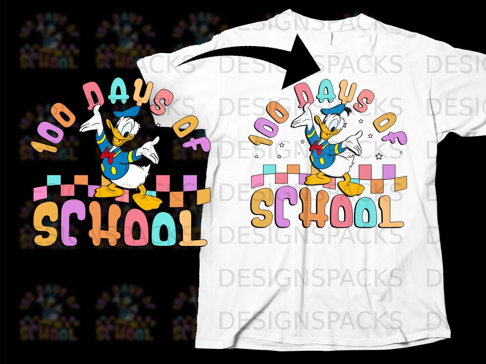 Donald Duck celebrating "100 Days of School" with colorful text and blocks.