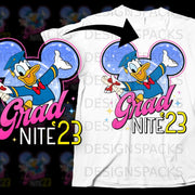 Donald Duck in graduation cap holding diploma with "Grad Nite 23" text.