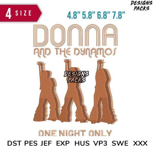 Donna and the Dynamos embroidery design in 4 sizes, DST PES JEF formats, one night only