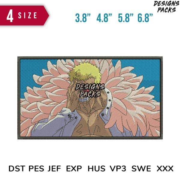 Anime-style embroidery design with floral wings, available in 4 sizes, DST PES JEF formats