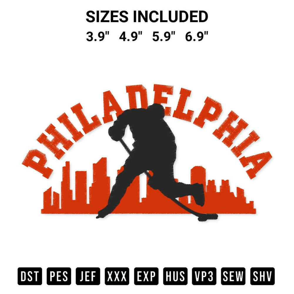 Create amazing crafts with the Philadelphia Skyline Hockey Embroidery Design embroidery file. High-quality digital download from Designspacks.com, perfect for beginners and pros. Available sizes: 3.9", 4.9", 5.9", 6.9".